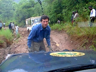 Winching the Toyota through the mud in Livingstonia